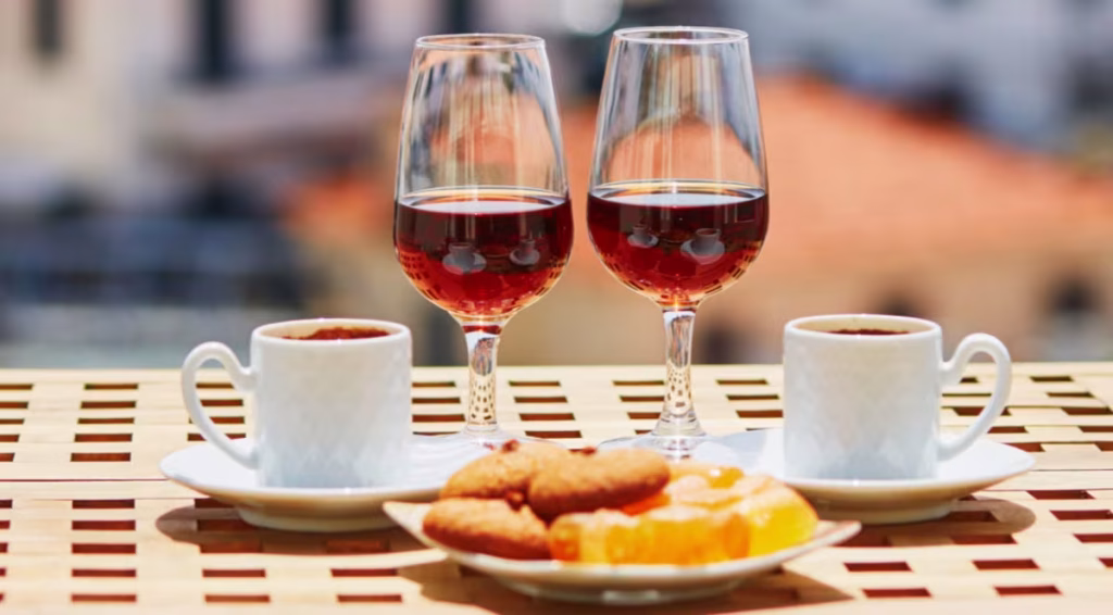 wine and coffee on a table